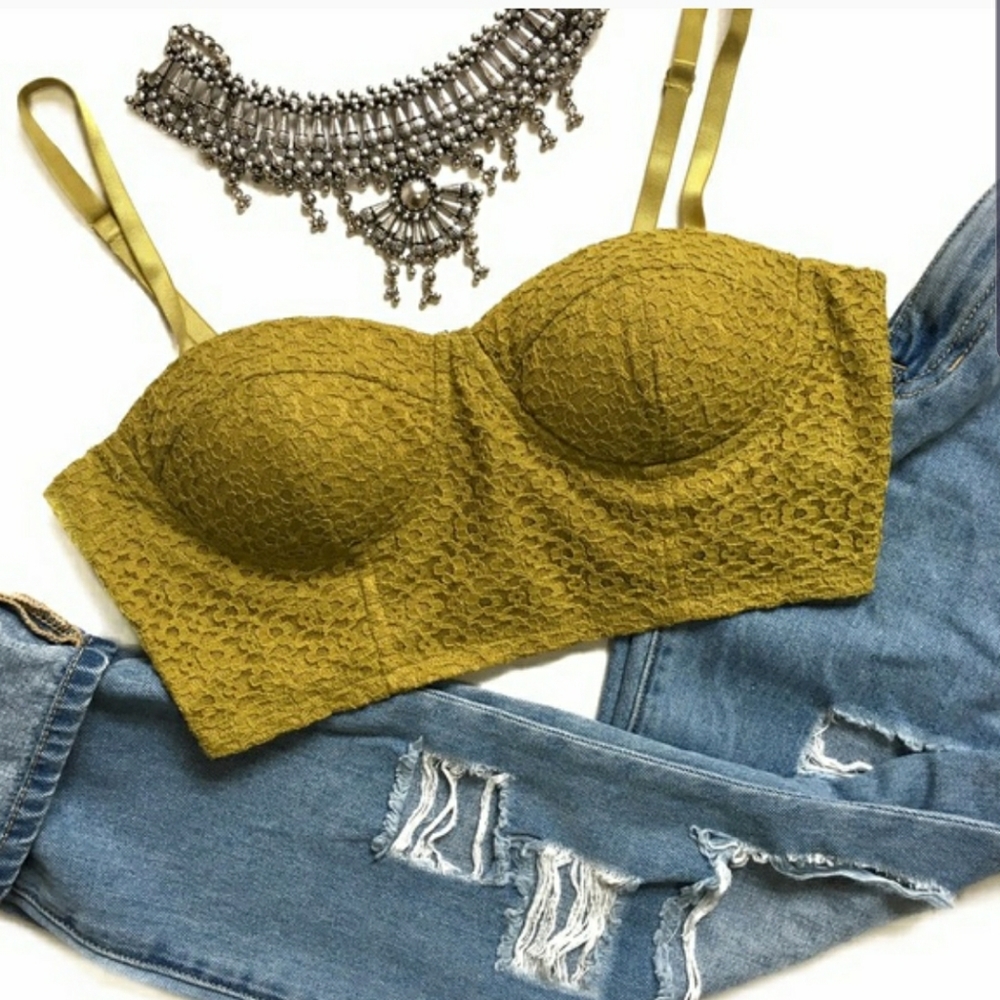 Macy's Olive Green Lace Bustier Crop Top